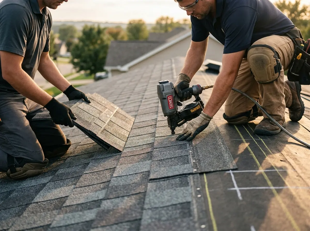 Professional roofer working on a residential roof in Medfield